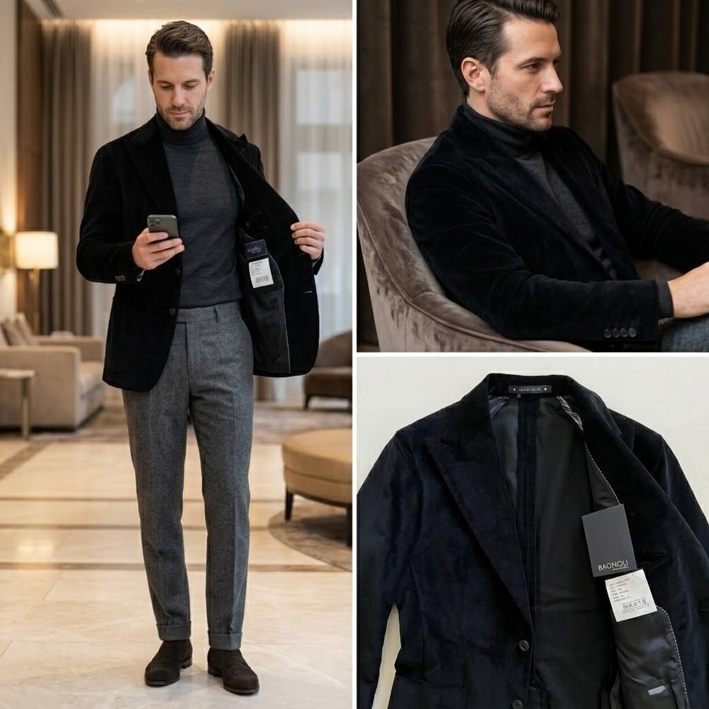 BAGNOLI Sartoria Napoli NWOT Black Cotton Velvet Jacket Blazer IT 50 US 40 Italy